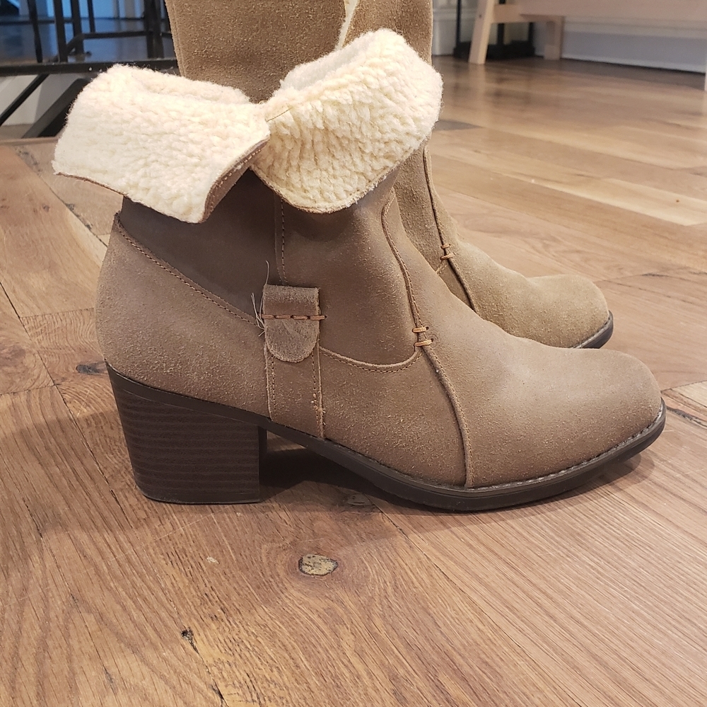 Eddie Bauer Tan Sherpa Fleece Ankle Leather Bootie Shoe Size 8